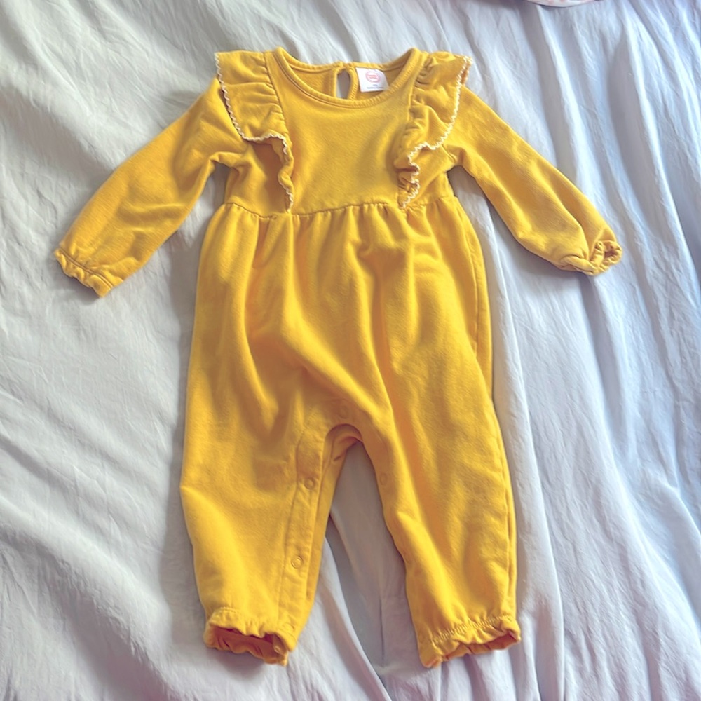 Wonder nation romper long sleeve, mustard yellow with white trim and ruffle, 18M